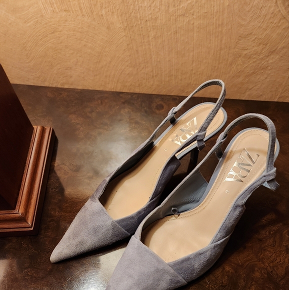 ZARA Blue Suede Slingback Heels 7.5 - Picture 2 of 10